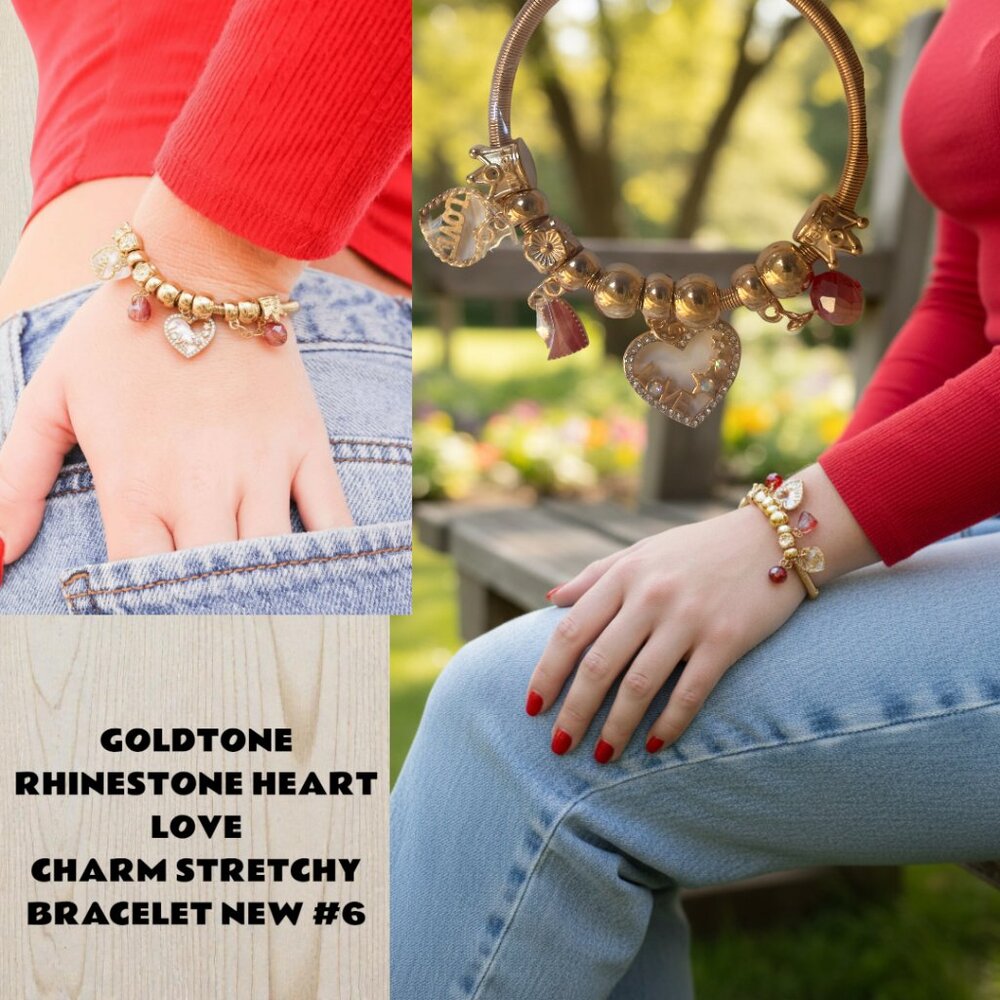 #6 GOLDTONE HEART REDβ BEADED VALENTINES QUEEN CHARM BRACELET